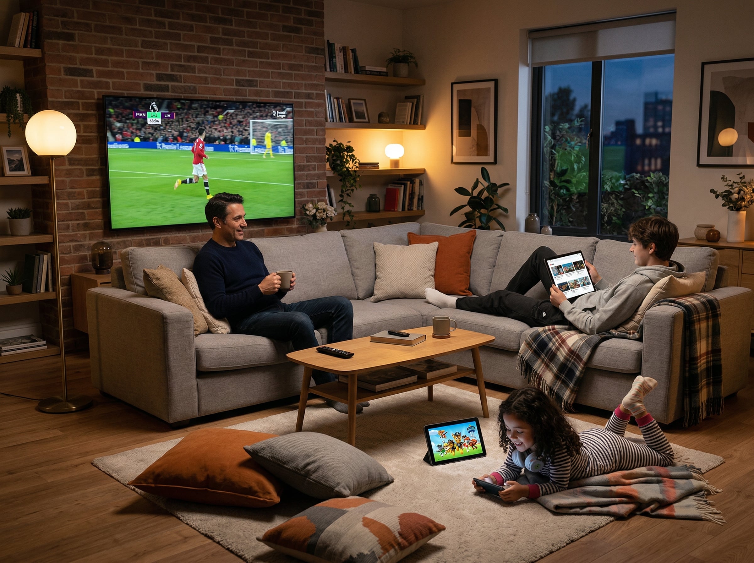 IPTV abonnement meerdere apparaten - gezin kijkt op verschillende schermen