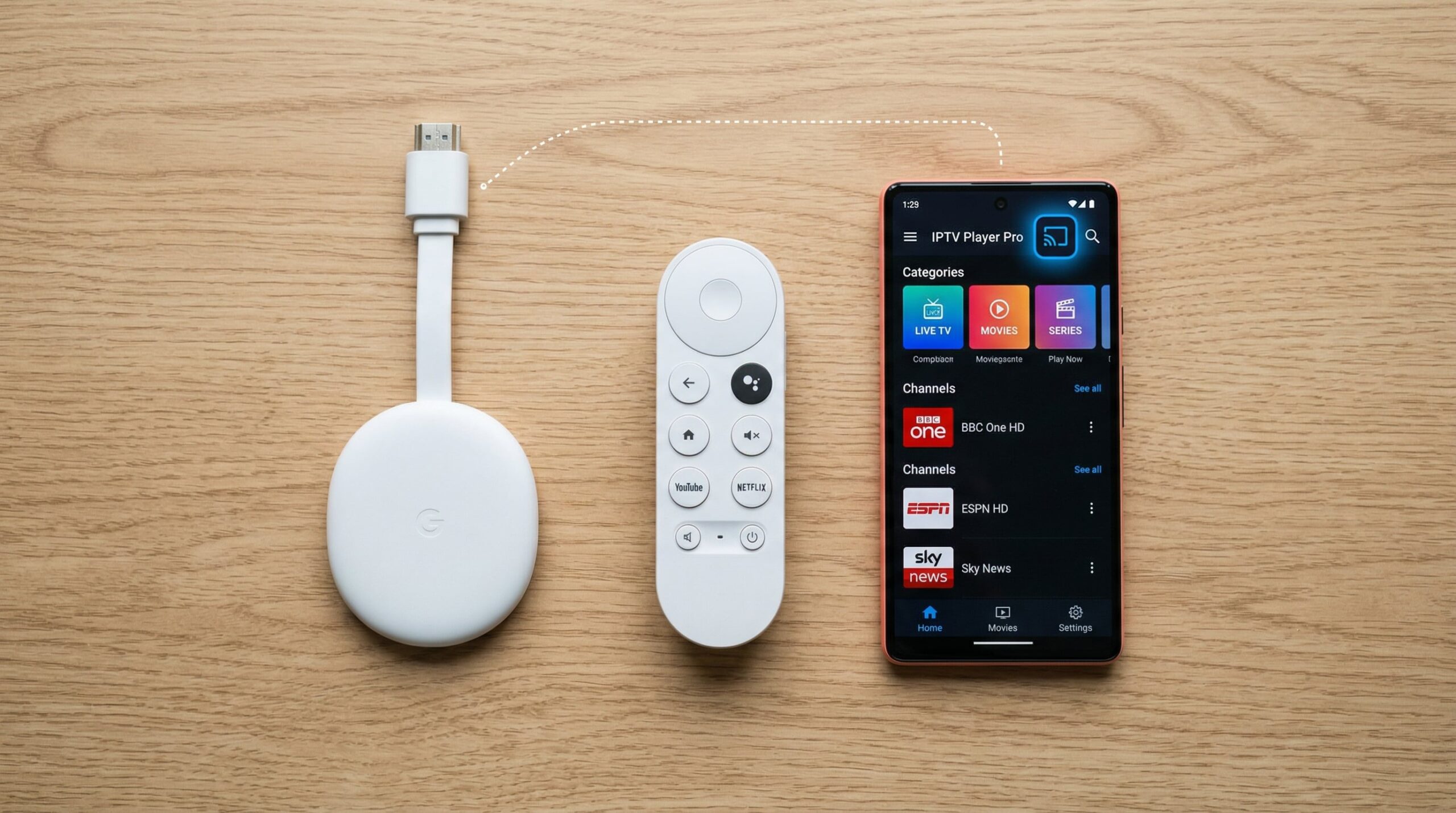 IPTV apps Chromecast - apparaten en afstandsbediening op bureau